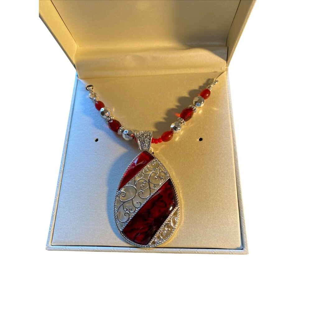 Kim Rogers Red & Silver Pendant Necklace In Gift Box